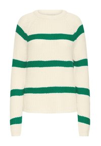 Pull blanc tricoté avec des rayures horizontales vertes, doté d'un col rond et de manches raglan longues. Tissu texturé, coupe décontractée.