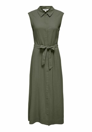 Bezruké midi šaty v olivově zelené barvě, košilového střihu s límečkem a látkovým páskem uvázaným v pase, zapínání vpředu na knoflíky skryté pod légou.