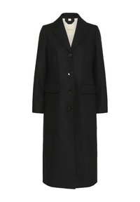 Long black wool coat with notch lapel collar, four black buttons, and two front flap pockets, displayed on a white background.