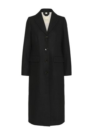 Long black wool coat with notch lapel collar, four black buttons, and two front flap pockets, displayed on a white background.