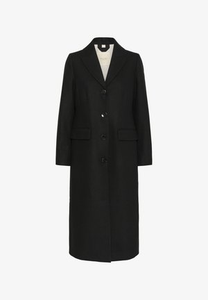 Long black wool coat with notch lapel collar, four black buttons, and two front flap pockets, displayed on a white background.
