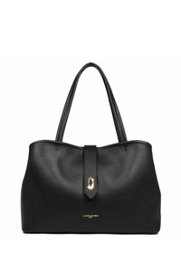 Borsa a mano in pelle nera con finitura testurizzata, chiusura centrale a patta, dettagli in metallo dorato e due manici rotondi.