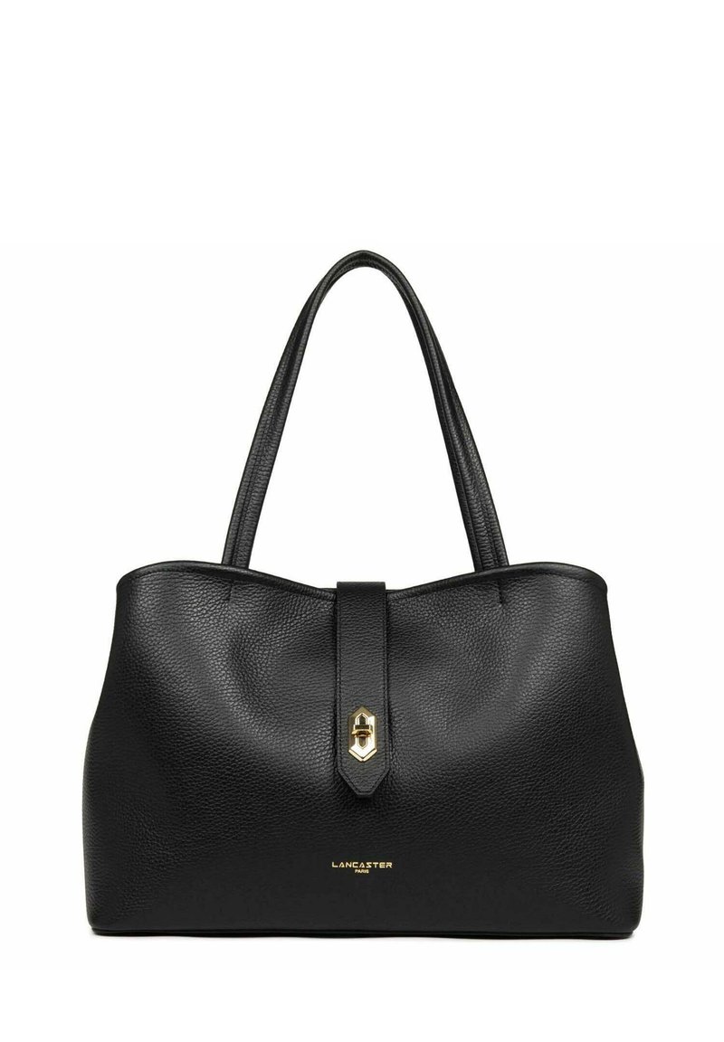 Borsa a mano in pelle nera con finitura testurizzata, chiusura centrale a patta, dettagli in metallo dorato e due manici rotondi.