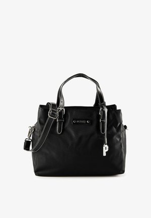 Black handbag with two handles, detachable shoulder strap, silver buckle, and metal "P" charm on front against white background.
