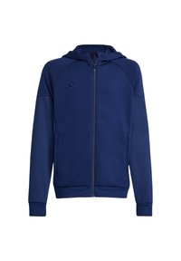 Marineblauwe zip-up hoodie met een textuurdesign, heeft een capuchon, zijzakken en het Adidas-logo in reliëf op de linkerkant van de borst.