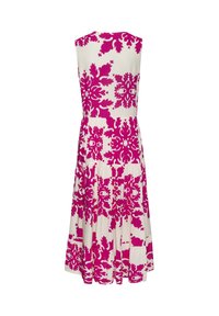 Ärmelloses Kleid mit ausgestelltem Rock, bestehend aus einem weißen Grundton und kräftigen magentafarbenen Blumenmustern. Glatte Textur mit normaler Passform.