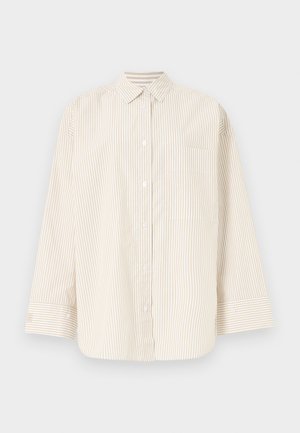 Béžová a bílá pruhovaná košile s dlouhým rukávem, zapínáním na knoflíky, límečkem a kapsou na hrudi.