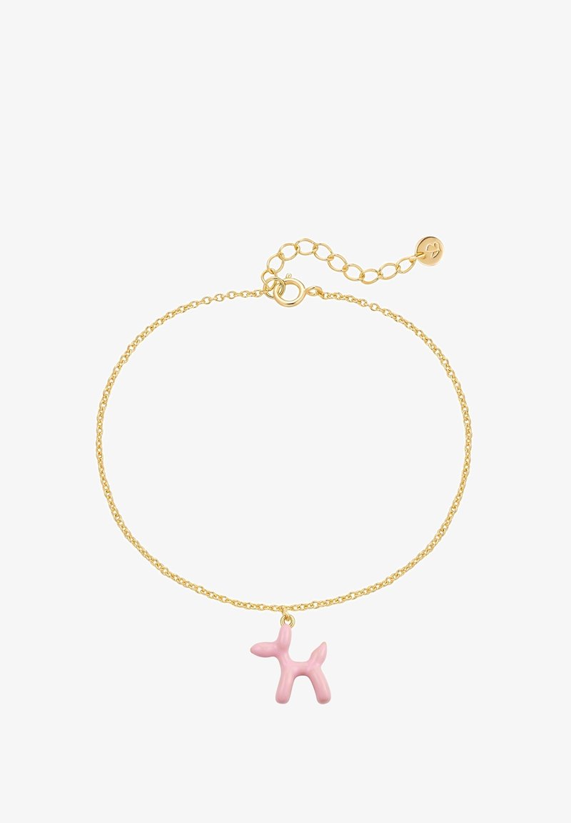 Zelta ķēdes rokassprādze ar rozā balona suņa piekariņu. Piekariņš ir izsists un tam ir noapaļota forma un gluda tekstūra. Regulējams sprādzes aizvērums.