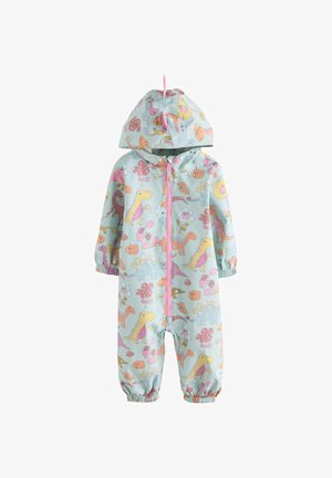 Babyedragt med hætte med pastel-dinosaurs og blomsterprint, frontlynlås og elastiske manchetter på ærmer og ben.