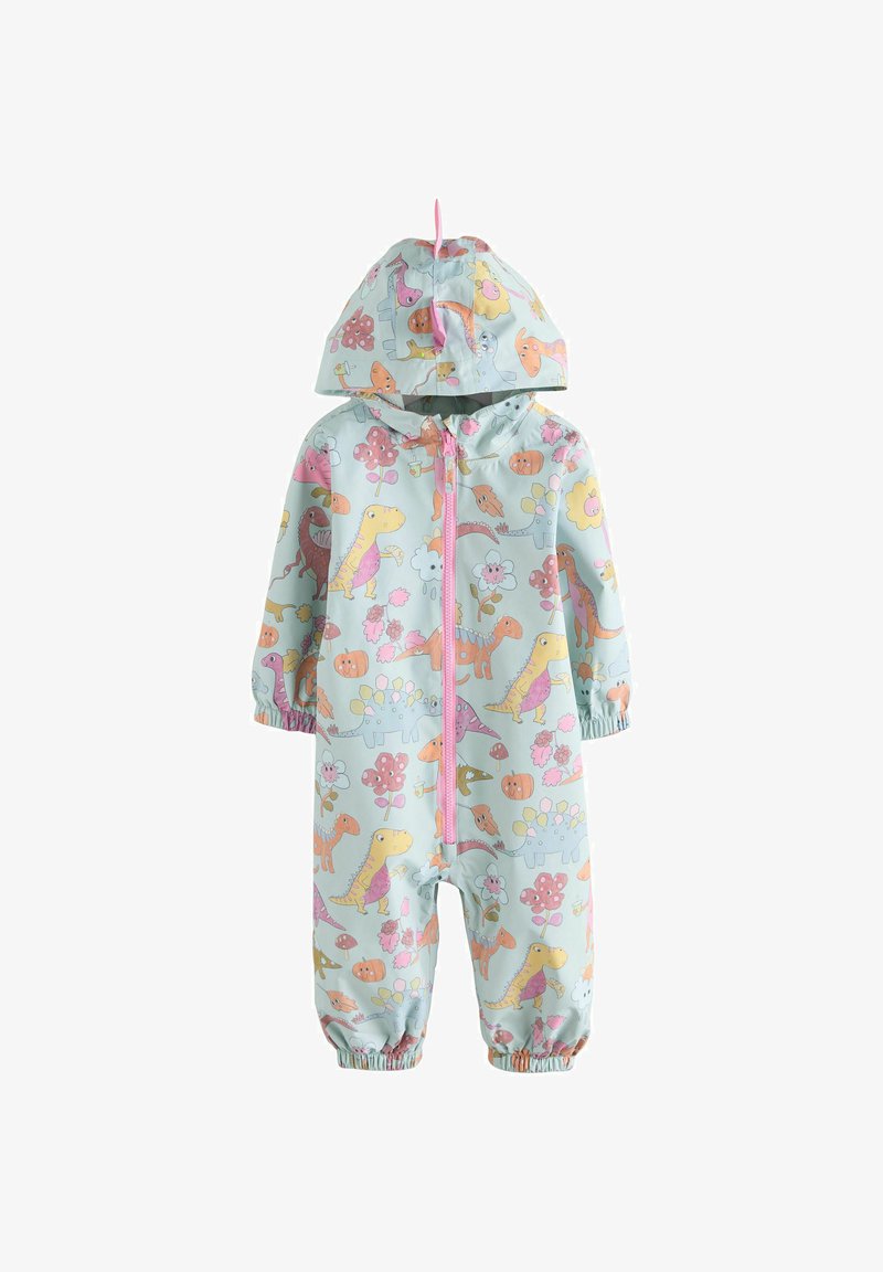 Combinaison à capuche pour bébé avec imprimés pastel de dinosaures et fleurs, fermeture éclair à l'avant et poignets élastiques aux manches et aux jambes.