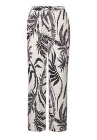 Zwart-witte wijde broek met een botanisch bladenpatroon, lichtgewicht stof, elastische tailleband met trekkoord en enkel-lengte snit.