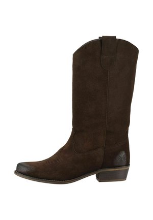 Bota vaquera marrón de ante hasta media pantorrilla con detalles cosidos, puntera redondeada, lengüeta para tirar y tacón bajo apilado.