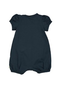 Navy blue short-sleeve romper with puffed sleeves, round neckline, elasticized leg openings, and soft cotton texture.