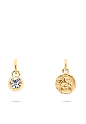 Two small gold pendant charms; one with a clear round gemstone, the other with an engraved angel design on a scalloped edge.