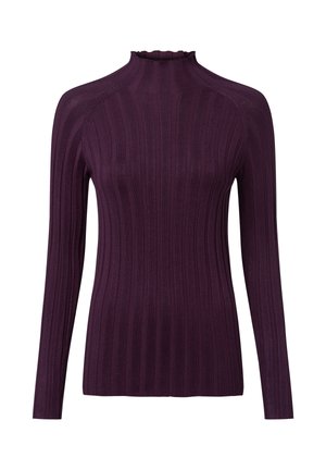 Lila gerippter Langarmpullover mit hohem Kragen und Rüschendetail. Figurbetonte Silhouette mit vertikaler Textur. Weicher, dehnbarer Stoff.
