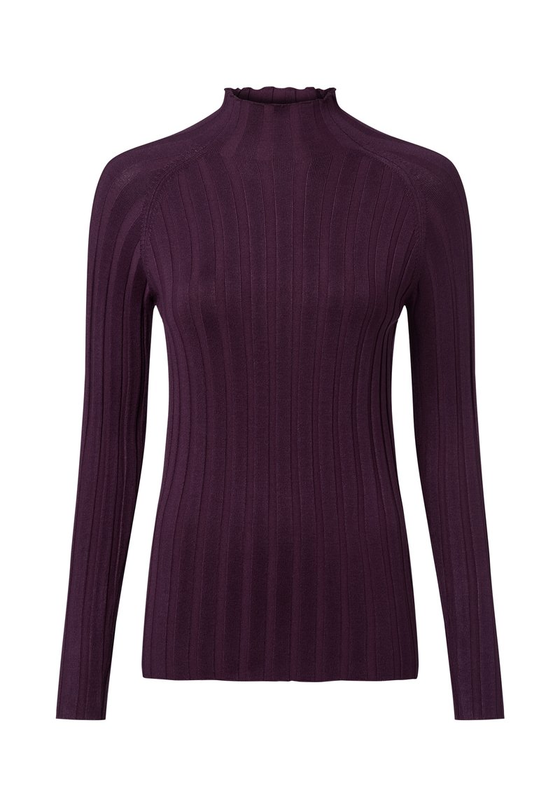 Lila gerippter Langarmpullover mit hohem Kragen und Rüschendetail. Figurbetonte Silhouette mit vertikaler Textur. Weicher, dehnbarer Stoff.