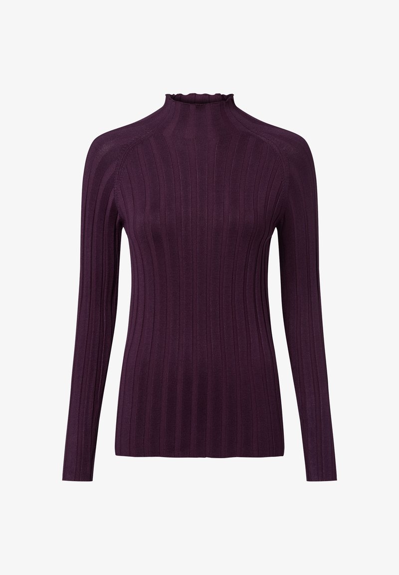 Lila gerippter Langarmpullover mit hohem Kragen und Rüschendetail. Figurbetonte Silhouette mit vertikaler Textur. Weicher, dehnbarer Stoff.