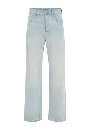 Blugi din denim cu spălare deschisă, croială cu picioare largi, având un design tradițional cu cinci buzunare și închidere cu nasture și fermoar. Textură netedă.