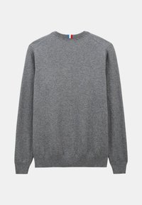 Pull gris à manches longues, avec des poignets côtelés et un col rond. Détail rayé rouge, blanc et bleu notable à l'arrière du cou.