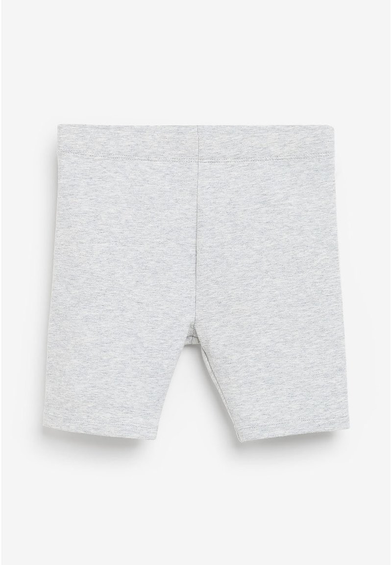 Shorts en mélange de coton gris avec une taille élastique, présentant une texture lisse et un design simple et près du corps. Pas de motifs ni de logos.
