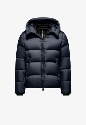 Marineblaue Steppjacke mit Kapuze, ausgestattet mit gesteppte Bereichen, einem Frontreißverschluss, seitlichen Taschen und elastischen Bündchen für einen engen Sitz.