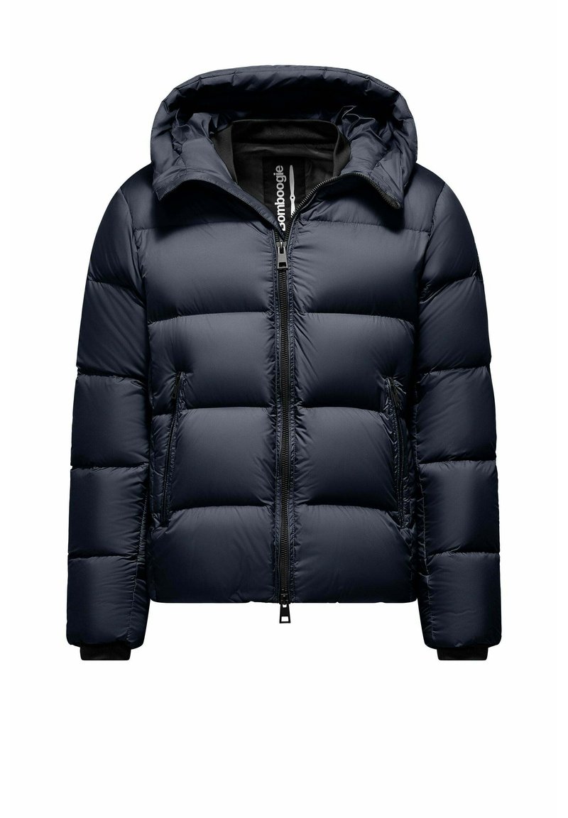 Giacca imbottita blu navy con cappuccio, caratterizzata da sezioni trapuntate, zip frontale, tasche laterali e polsini elastici per una vestibilità aderente.