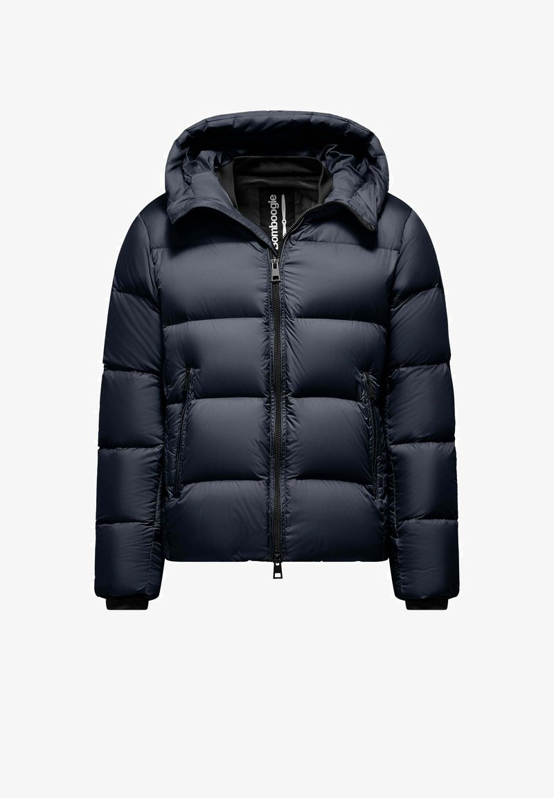 Marine pufferjack met een capuchon, met gequiltte secties, een ritssluiting aan de voorkant, zijzakken en elastische manchetten voor een snug fit.