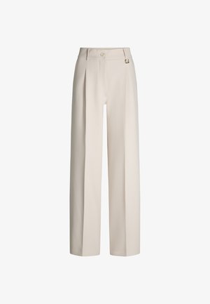 Hoch taillierte, weit geschnittene, cremefarbene Hose mit Vorderfalten, Knopfverschluss und kleinem Metallic-Schnallen-Detail am Bund.