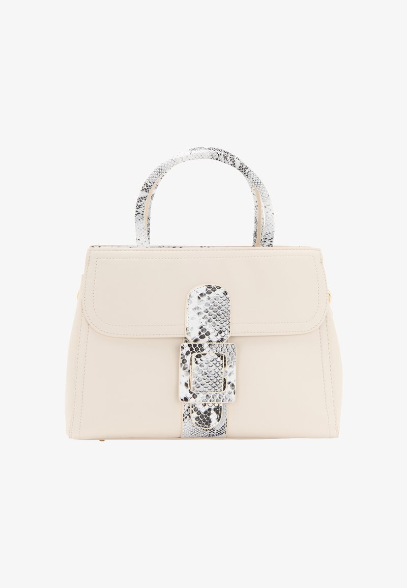 Borsa beige con una tracolla e una fibbia a motivo serpente texturizzato. Presenta una forma rettangolare e due manici arrotondati. Finitura liscia.