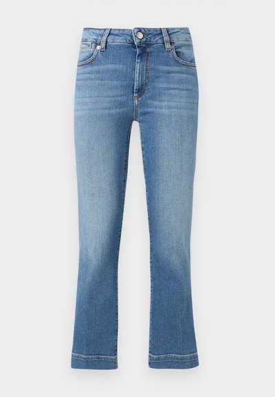 Blue denim jeans with a high waist, button closure, front pockets, and slight fading on thighs and legs, displayed against a white background.