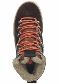 Brown suede hiking boot with orange and white patterned laces, padded fur lining, metal eyelets, and a textured rubber sole.