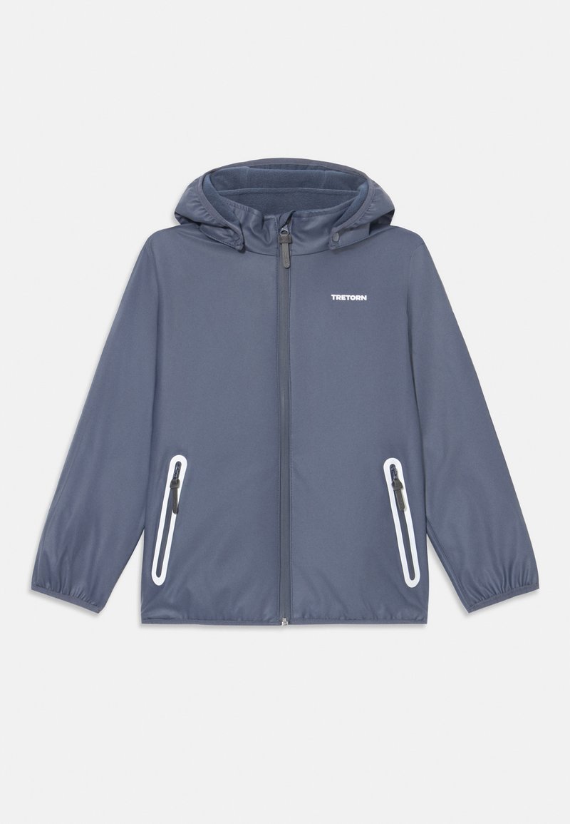 Casaco leve azul com capuz, fecho frontal e dois bolsos laterais. Apresenta punhos elásticos e um pequeno logo no peito.