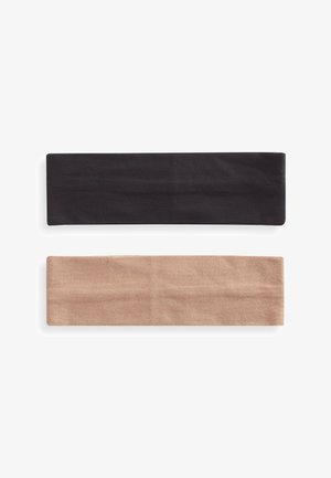 Two fabric headbands: one black and one light beige. Both are rectangular, smooth-textured, and feature a simple, unadorned design.
