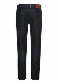 Donkerblauwe denim jeans met een rechte pasvorm, vijf zakken en een leren patch in bruin op de achterzijde van de tailleband. Geen zichtbare slijtage of patronen.