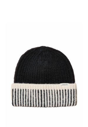 Căciulă neagră tricotată, cu bor alb pliat, cu dungi verticale negre și o etichetă mică a brandului „Joules”.