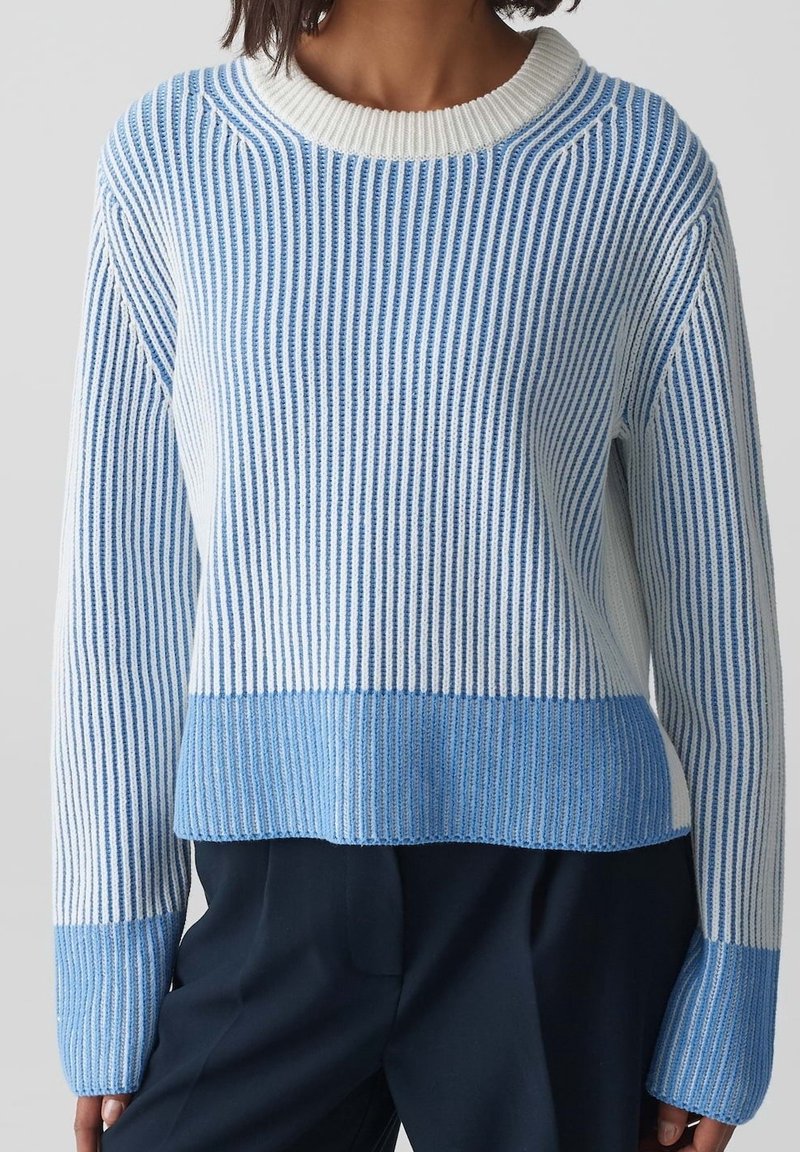 Femme portant un pull en maille à rayures verticales bleu et blanc avec poignets et ourlet bleu uni, associé à un pantalon foncé sur un fond uni.