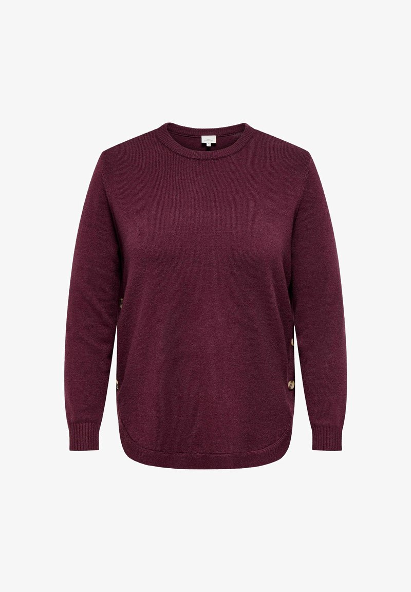 Pull en maille à manches longues couleur bordeaux foncé, avec encolure ronde et boutons décoratifs latéraux.