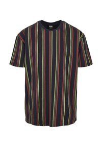 Rövid ujjú, tengerészkék színű pamut póló piros és zöld függőleges csíkkal. Kerek nyakkivágással és kényelmes szabással.