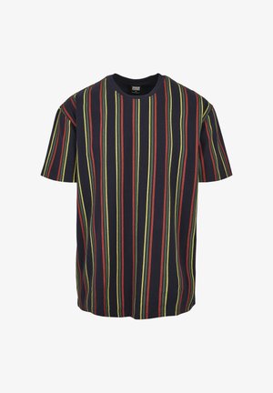 Korte mouwen t-shirt in marineblauwe katoen met verticale strepen in rood en groen. Voorzien van een ronde hals en een comfortabele pasvorm.