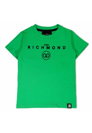 Groene katoen t-shirt met korte mouwen, ronde halslijn, zwarte bedrukt tekst "JOHN RICHMOND" en logo, met een klein zwart label op de zoom.