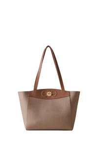 Brown textured tote bag with two long handles and a gold circular clasp detail at the top center.
