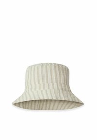 Bucket hat i lys beige med horisontale striber, lavet af tekstureret stof. Har en bred skygge og et enkelt, struktureret design.