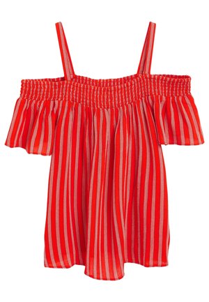 Czerwono-biały, pionowo paskowany top z odsłoniętymi ramionami, marszczonym elastycznym dekoltem i cienkimi ramiączkami.