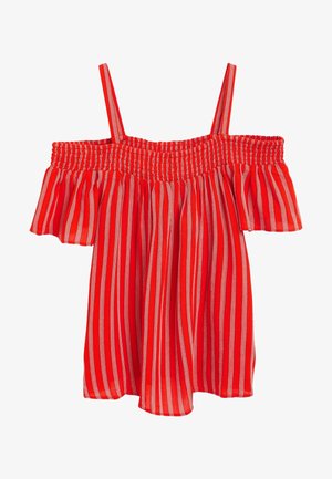 Czerwono-biały, pionowo paskowany top z odsłoniętymi ramionami, marszczonym elastycznym dekoltem i cienkimi ramiączkami.