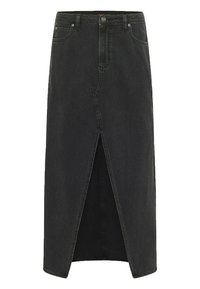 Jupe midi en denim noir avec une fente avant, design classique à cinq poches, boutons en métal et détails de couture. Texture lisse et taille ajustée.