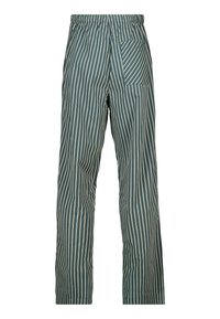 Pantalons verts avec des rayures verticales blanches, taille élastique et une poche unique sur la cuisse droite.