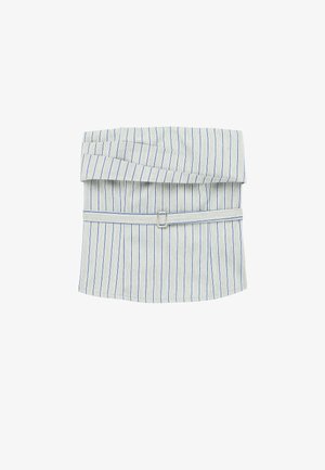 Jupe grise claire pliée avec des rayures verticales bleues et une ceinture assortie à boucle rectangulaire sur fond blanc.