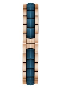 Bracciale in silicone blu intervallato da fascette in metallo rosé, caratterizzato da un design geometrico e un logo inciso su una delle parti metalliche.