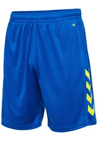 Blå idrottsshorts tillverkade av mjuk, lätt tyg. Har gula chevronmönster på sidorna och ett elastiskt midjeband.