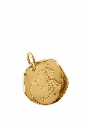 Colgante de oro con una letra R ornamentada grabada y un lazo para sujetarlo a un collar o pulsera.